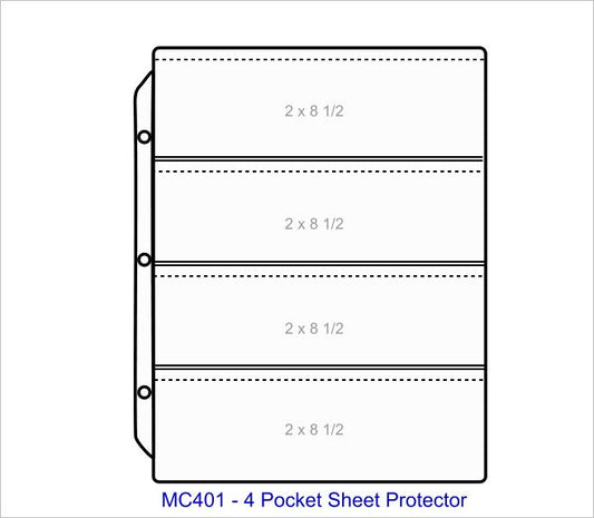 4 Pocket Sheet Protector - Pocket Capacity 2" x 8 1/2" - MC401