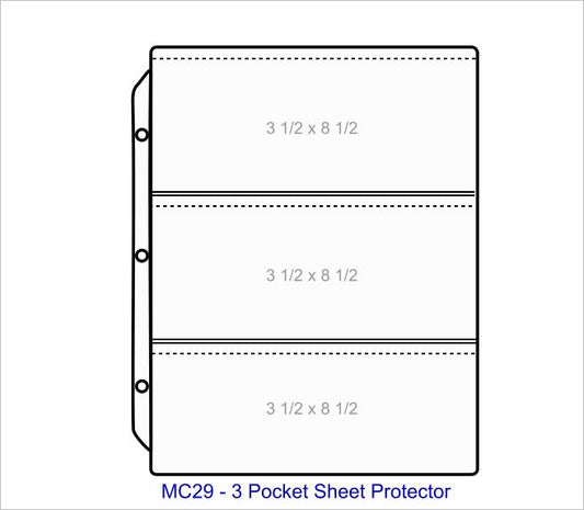 3 Pocket Sheet Protector - Pocket Capacity 3 1/2" x 8 1/2" - MC29