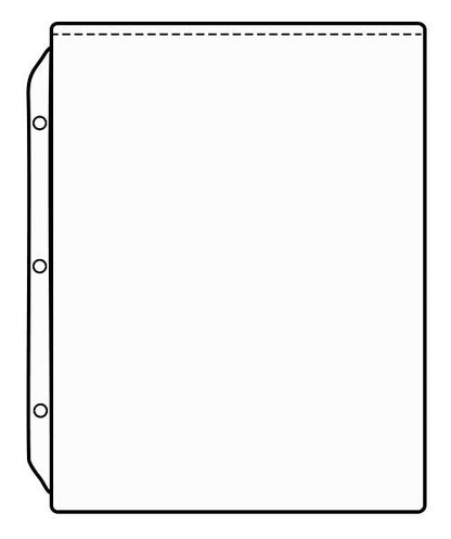 Illustration of a clear plastic sheet protector with three holes on the left edge, designed to fit into a 3-ring binder.
